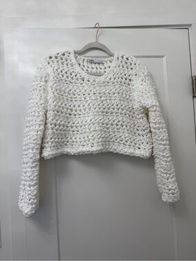 Zara White Chunky Crochet Cropped Sweater